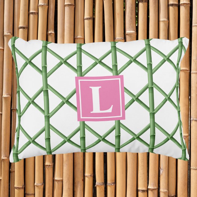 Preppy Green Trellis Bamboo Pattern Monogram Decorative Cushion (Creator Uploaded)