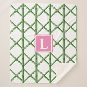 Preppy Green Trellis Bamboo Pattern Monogram Sherpa Blanket