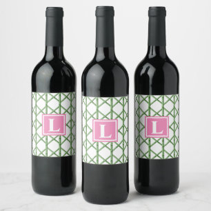 Preppy Green Trellis Bamboo Pattern Monogram Wine Label
