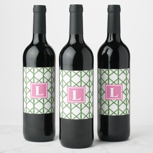 Preppy Green Trellis Bamboo Pattern Monogram Wine Label (Bottles)