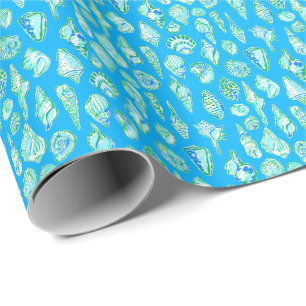 Preppy Green White Blue Seashell Wrapping Paper