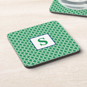 Preppy Green White Link Pattern Navy Monogram Coaster