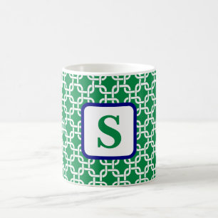 Preppy Green White Link Pattern Navy Monogram Coffee Mug