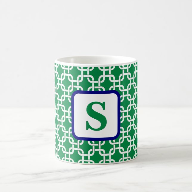 Preppy Green White Link Pattern Navy Monogram Coffee Mug (Center)
