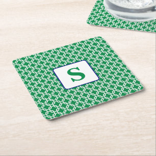 Preppy Green White Link Pattern Navy Monogram Square Paper Coaster