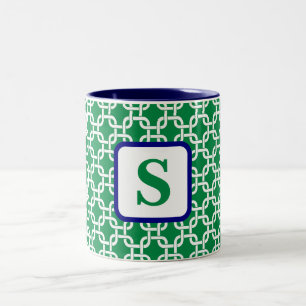Preppy Green White Link Pattern Navy Monogram Two-Tone Coffee Mug