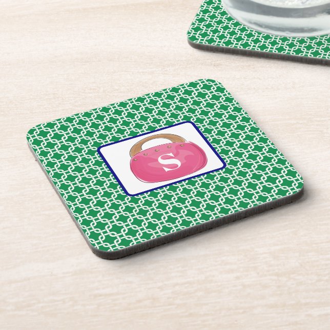 Preppy Green White Link Pattern Pink Bermuda Bag Coaster (Left Side)