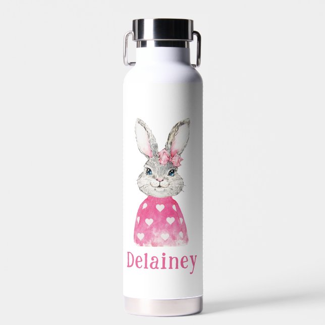 Preppy Grey Bunny Pink Heart Sweater Personalised Water Bottle (Front)