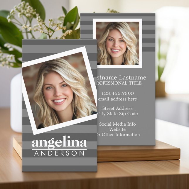 Preppy Grey Striped Pattern Custom Name and Photo Business Card (Custom Business Cards)