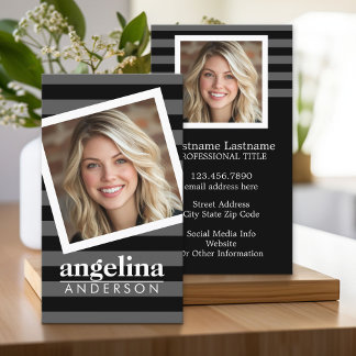 Preppy Grey Striped Pattern Custom Name and Photo Business Card