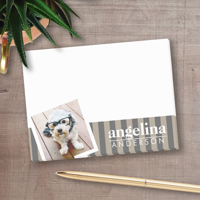 Preppy Grey Striped Pattern Custom Name and Photo Post-it Notes (Personalized post-it notes with an area to add your name or other text)