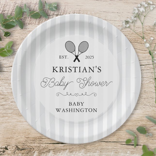 Preppy Grey Tennis Country Club Baby Shower Paper Plate (grey striped tennis theme baby shower paper plates for chic preppy baby shower event elegant names)