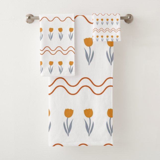 Preppy Groovy Stripe Tulip Flower Pattern  Bath Towel Set (Insitu)