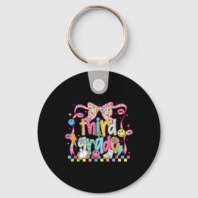 Preppy Groovy Third Grade Back To School Coquette  Key Ring (Front)