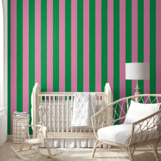 Preppy Hand-Drawn Bold Stripe in Pink & Green Wallpaper