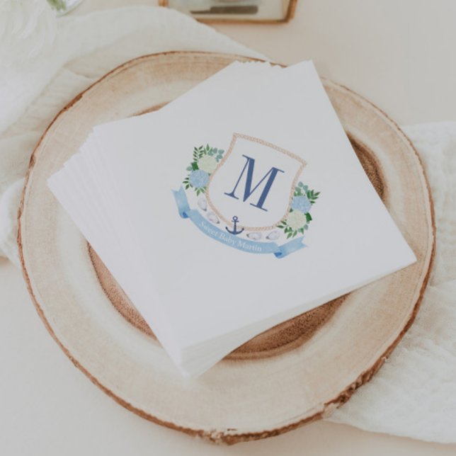Preppy Hand Painted Coastal Monogram Baby Shower Napkin (Beachy coastal monogram crest blue and white baby shower napkins)