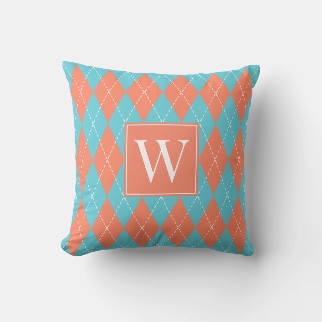 Preppy Hand-Stitched Argyle – Coral & Turquoise Cushion (Front)