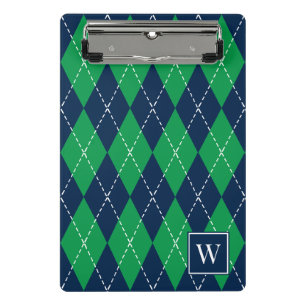 Preppy Hand-Stitched Argyle – Green & Navy Mini Clipboard
