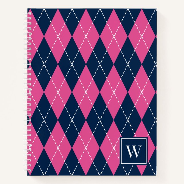 Preppy Hand-Stitched Argyle – Hot Pink & Navy Notebook (Front)