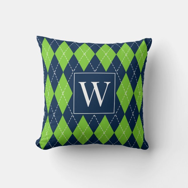 Preppy Hand-Stitched Argyle – Navy & Lime Cushion (Front)