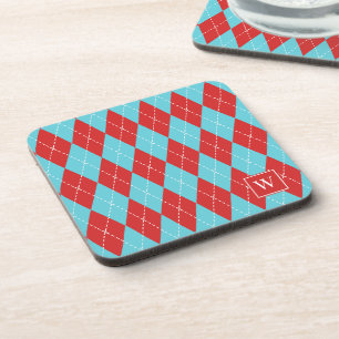 Preppy Hand-Stitched Argyle – Red & Turquoise Coaster