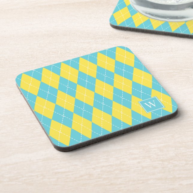 Preppy Hand-Stitched Argyle – Yellow & Turquoise Coaster (Left Side)