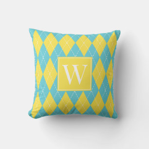 Preppy Hand-Stitched Argyle – Yellow & Turquoise Cushion