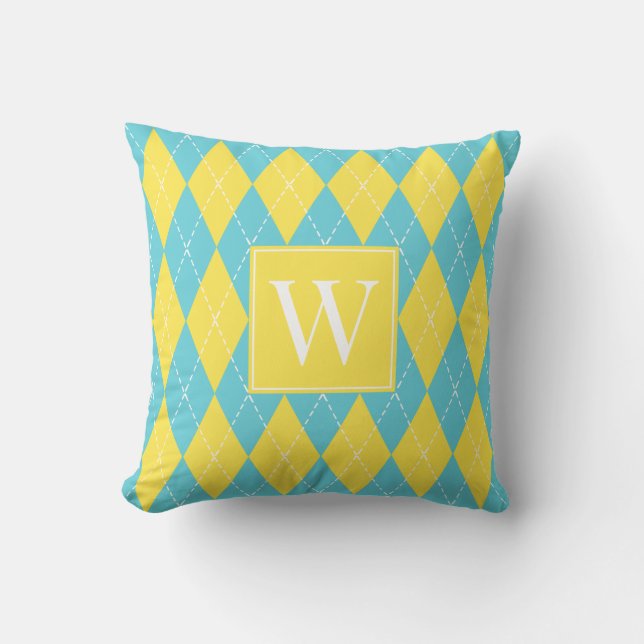 Preppy Hand-Stitched Argyle – Yellow & Turquoise Cushion (Front)