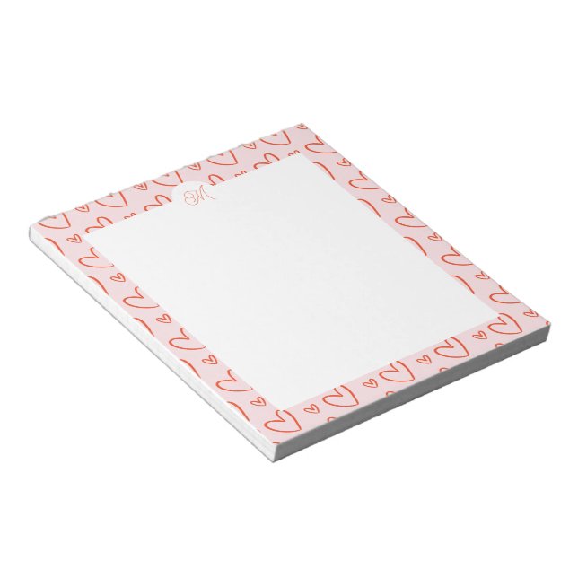 Preppy hearts in pink & red with name initial notepad (Angled)