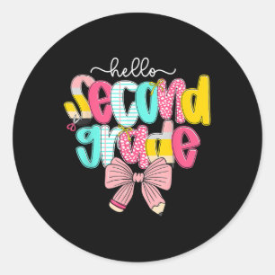 Preppy Hello 2nd Grade Teacher Coquette Bow Back T Classic Round Sticker