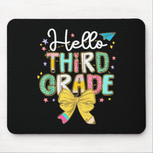 Preppy Hello 3rd Grade Teacher Coquette Bow Back T Mouse Pad