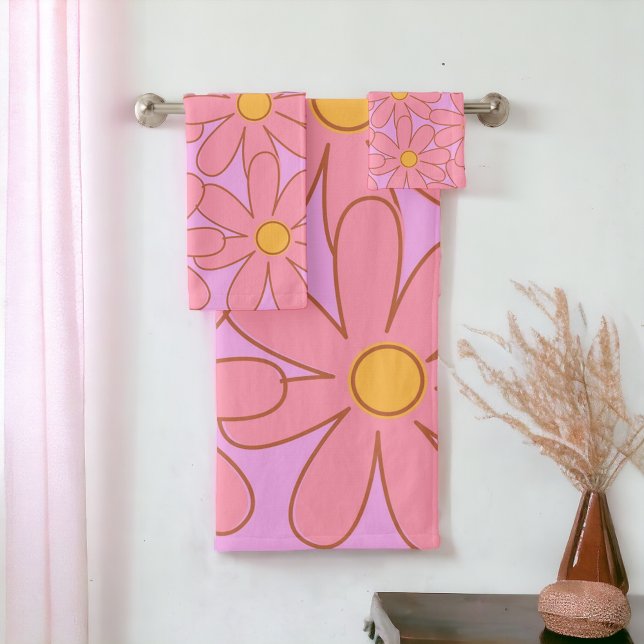 Preppy Hippie Pink Purple Flower Pattern Bath Towel Set (Creator Uploaded)