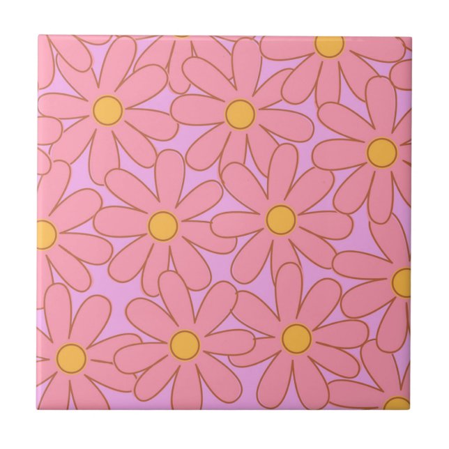 Preppy Hippie Pink Purple Flower Pattern Ceramic Tile (Front)