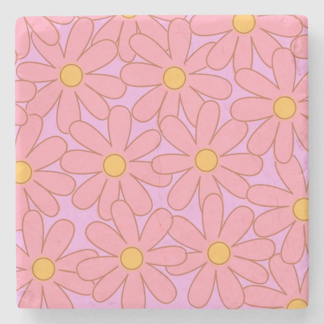 Preppy Hippie Pink Purple Flower Pattern Stone Coaster (Front)