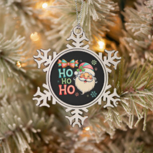 Preppy Ho Ho Santa Christmas Coquette Bow Xmas Snowflake Pewter Christmas Ornament