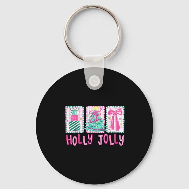 Preppy Holly Xmas Jolly Coquette Bow Christmas Tre Key Ring (Front)