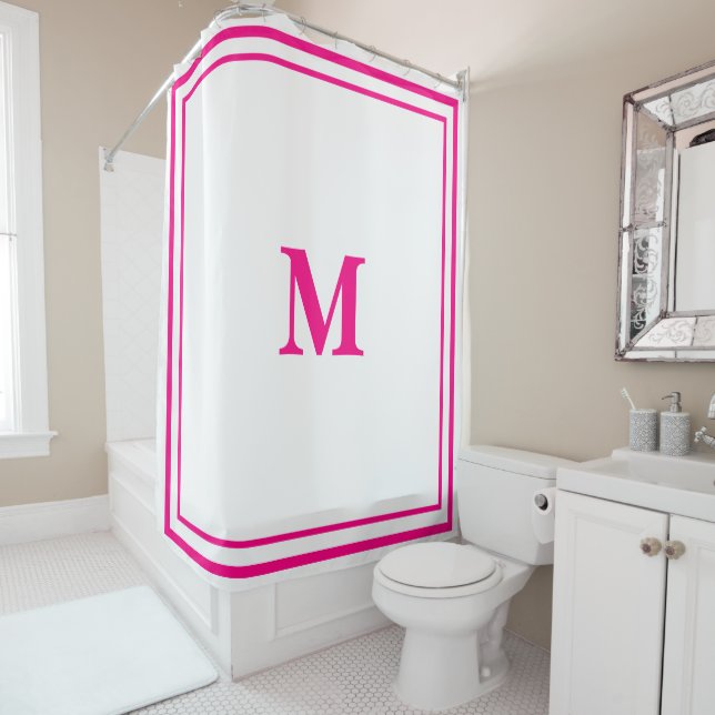 Preppy Hot Pink Elegant Minimal Border Initial Shower Curtain (In Situ)
