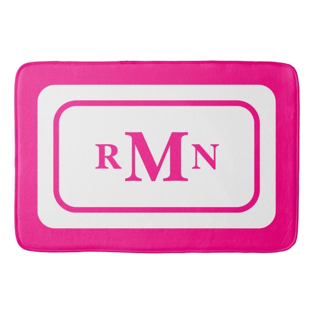 Preppy Hot Pink Elegant Minimal Modern Monogrammed Bath Mat (Front)