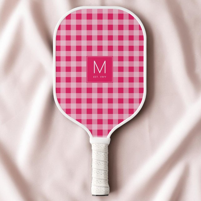 Preppy Hot Pink Gingham Monogram Established Est Pickleball Paddle (Preppy Hot Pink Gingham Monogram Established Est Pickleball Paddle)
