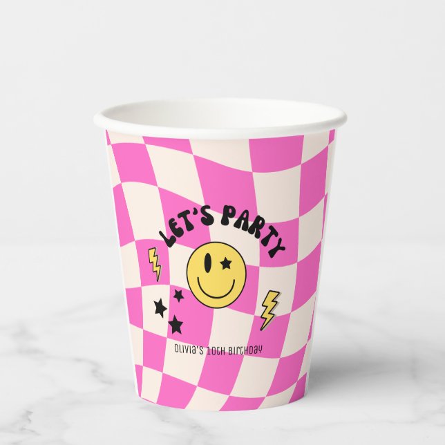 Preppy Hot Pink Y2K Happy Face Birthday Paper Cup (Front)