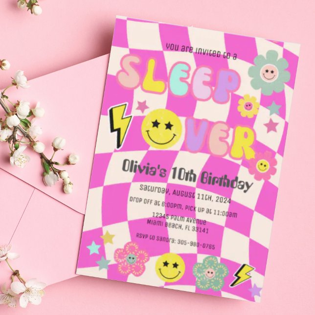 Preppy Hot Pink Y2K Sleep Over Happy Face Birthday Invitation (Creator Uploaded)