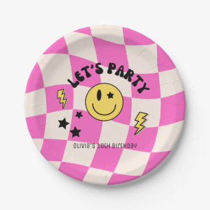Preppy Hot Pink Y2K Smiley Birthday Paper Plate