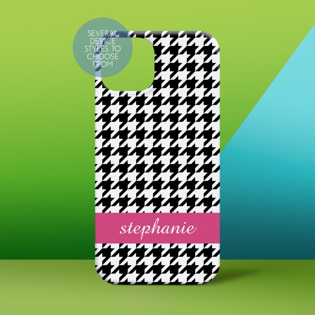 Preppy Houndstooth Pattern Black and Hot Pink (Personalized Phone Case)