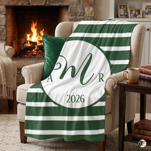 Preppy Hunter Green Striped Custom Monogram & Year Fleece Blanket