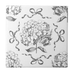 Preppy Hydrangea Bow Grey Seamless Toile Pattern Ceramic Tile
