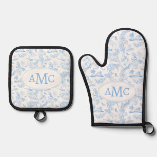 Preppy Jungle Chinoiserie Monogram in Light Blue Oven Mitt & Pot Holder Set