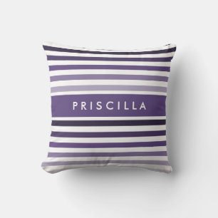 Preppy Large Striped Pattern With Name in Purple Cushion