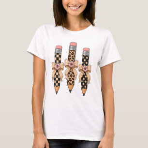Preppy Leopard Pencil Bow Coquette Teacher T-Shirt
