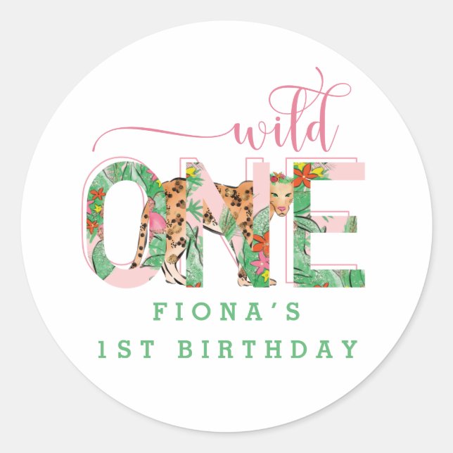 Preppy Leopard Wild One Birthday Party Favour Classic Round Sticker (Front)