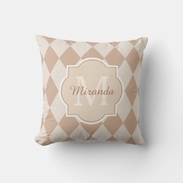 Preppy Light Brown Argyle Girly Monogram and Name Cushion (Front)